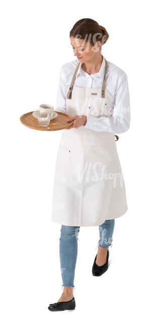 waitress with a white apron carrying a tray seen from above