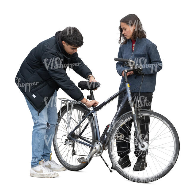 man helping his friend to adjust her bike 