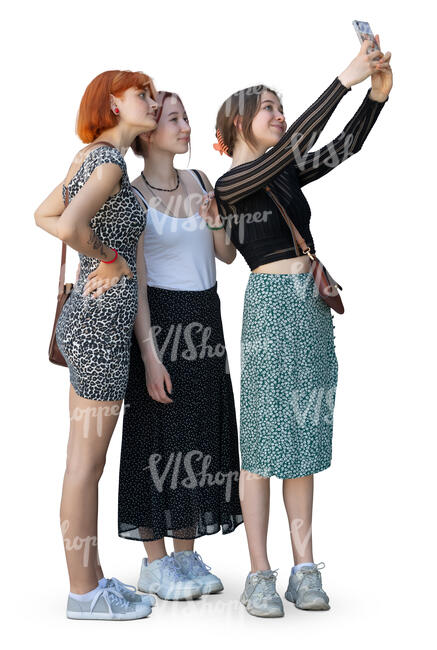 cut out group of teenage girls standing and taking a selfie