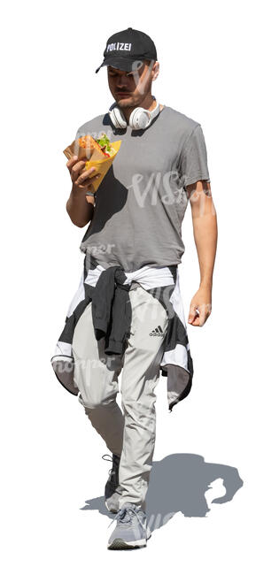 cut out man walking and eating a hamburger