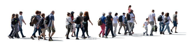 cut out large group of people walking in a row on the street