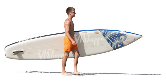 man with a paddle board walking on the beach