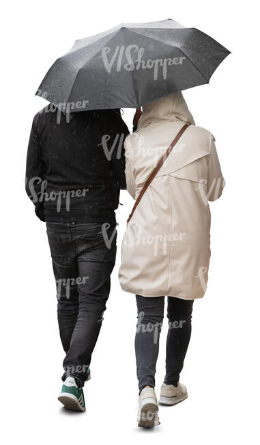 two cut out people walking under one umbrella