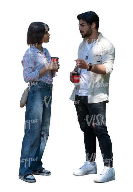 man and woman standing in partial shade and drinking coffee and talking