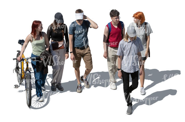 cut out group of young people walking seen from higher angle