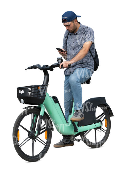 man riding an electric city bike stopping for a while