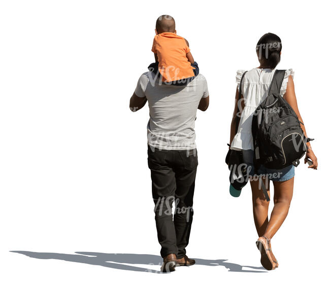 black family with a little boy sitting on his fathers shoulders walking