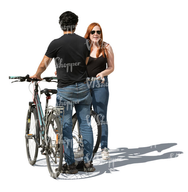 man with a bike standing and talking to his female friend