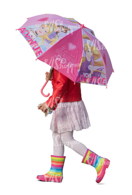 little girl with a pink umbrella walking on a rainy day