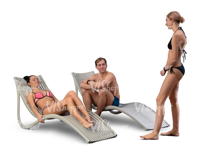 group of people relaxing on beach chairs and talking