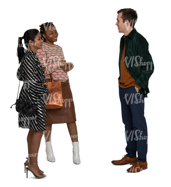 cut out multinational group of three people standing and talking