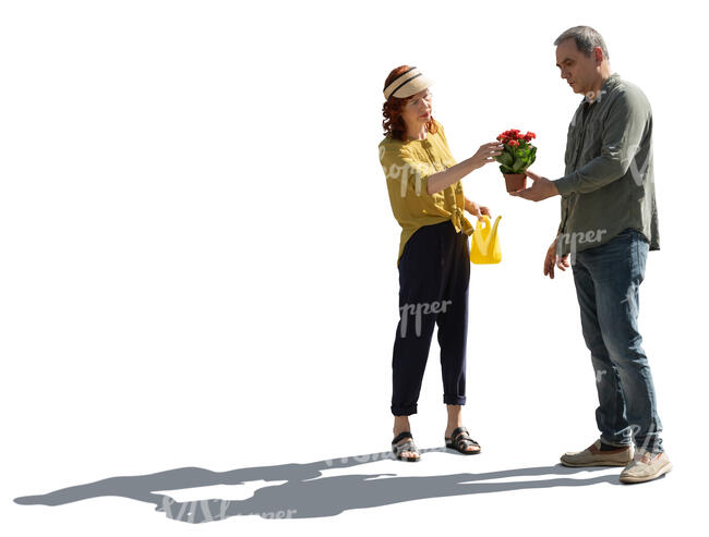 backlit older couple going to plant some flowers in the garden