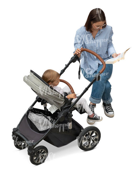 woman with child in a stroller sitting and reading a book