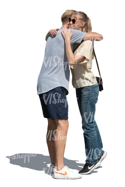 young man and woman greeting by hugging each other