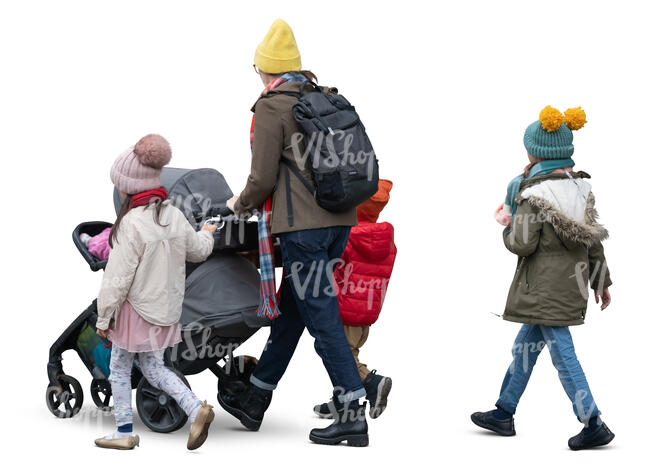 woman with three kids and a stroller walking