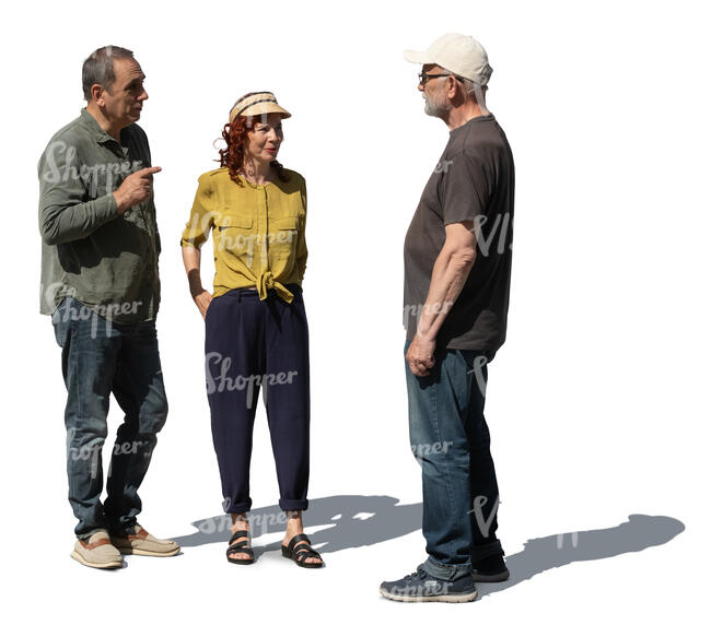 three older people standing and talking