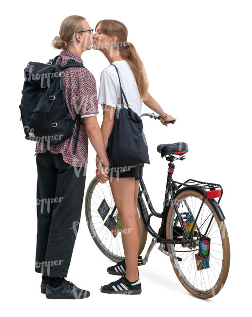 woman with a bike standing and kissing her boyfriend