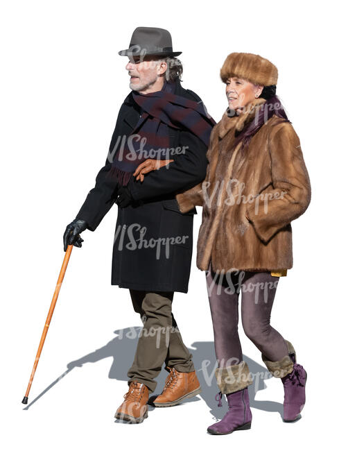 elderly couple walking on a sunny winter day