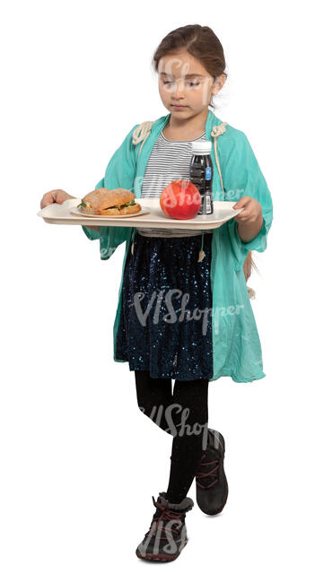 small girl with a lunch tray walking