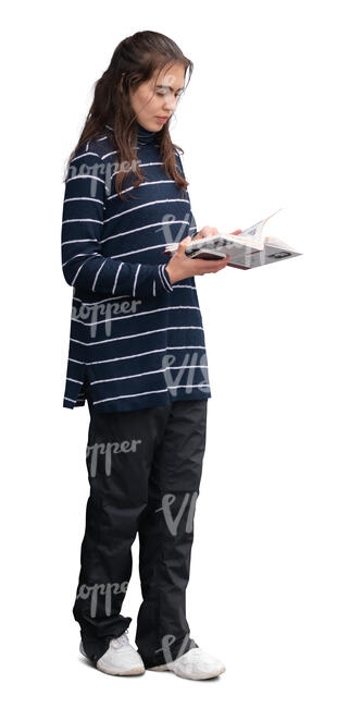 cut out woman standing and reading a book