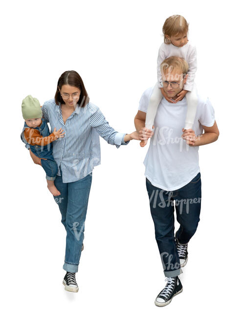 cut out family with two small kids walking