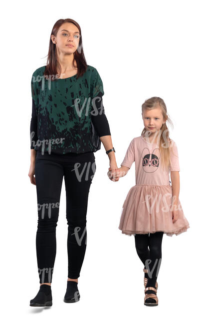 woman walking hand in hand with her daughter
