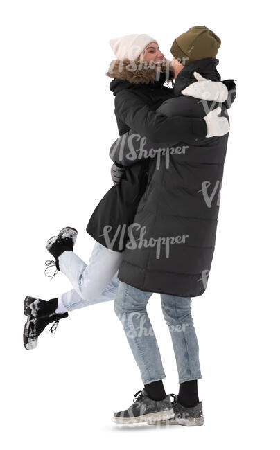 couple hugging happily in winter