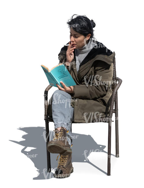 cut out woman sitting and smoking and reading a book