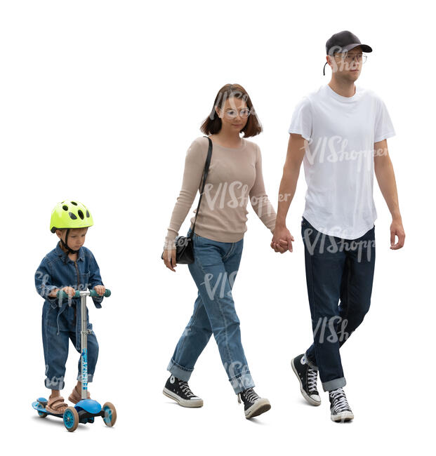 family walking n the the street and a little girl riding a scooter 