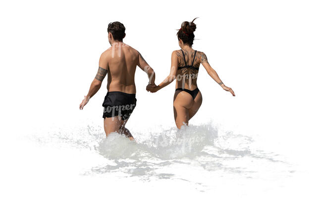 couple running swimming hand in hand