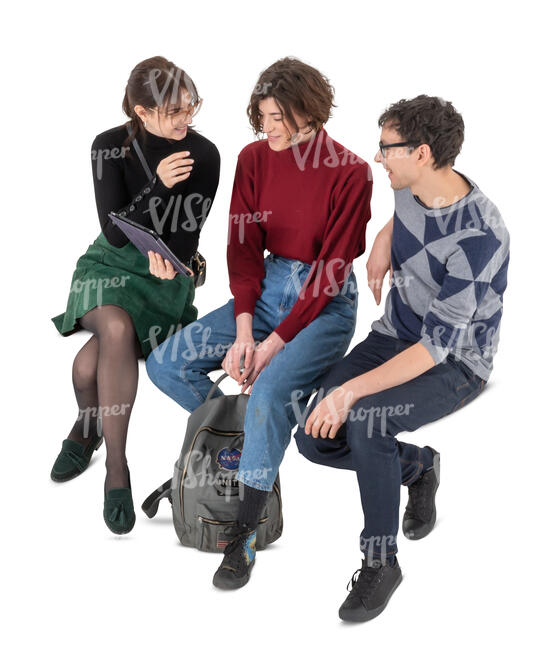 cut out group of three friends sitting and talking seen from above