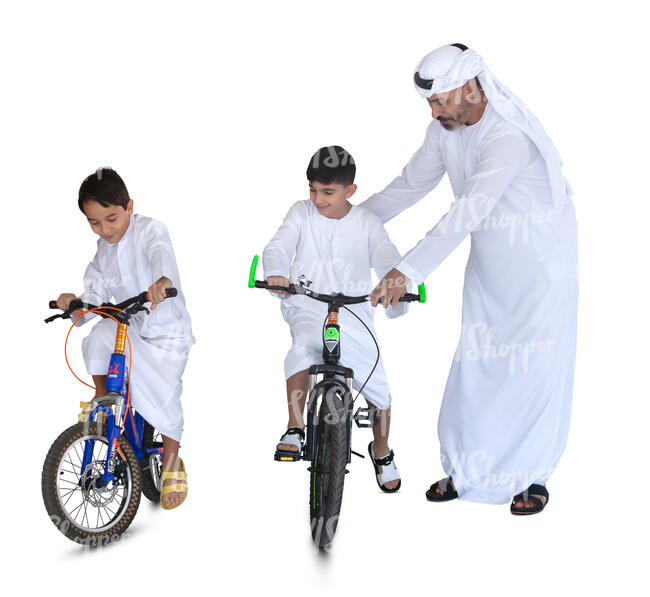 arab man with two kids riding bikes