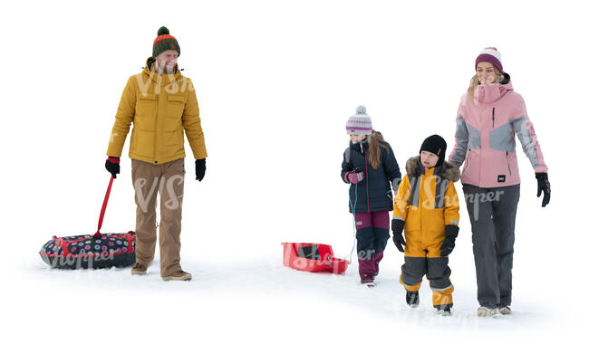 cut out family with two kids going sleighing