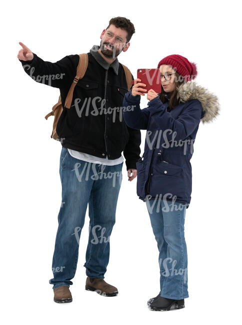 man pointing and woman taking a picture
