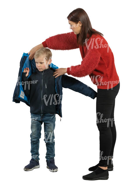 cut out teacher helping a schoolboy get dressed