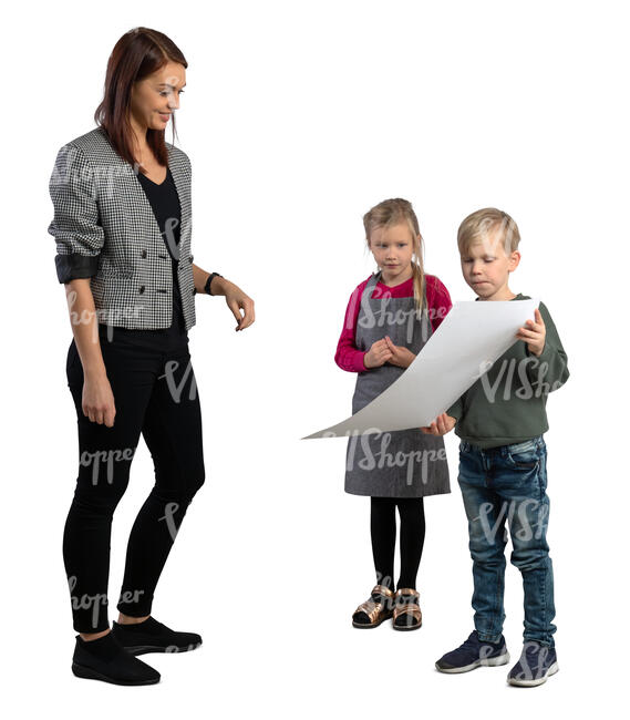 little boy showing his drawing to his teacher