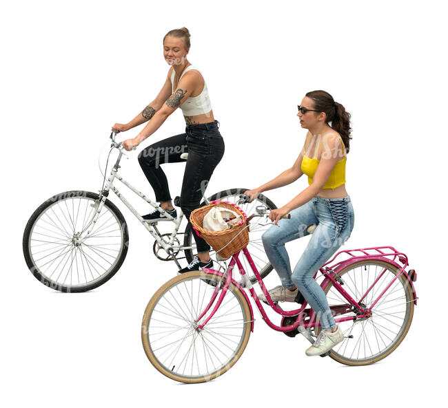 two young women cycling seen from above