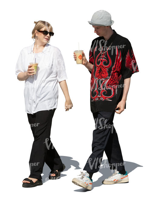 two cut out people walking and drinking coffee