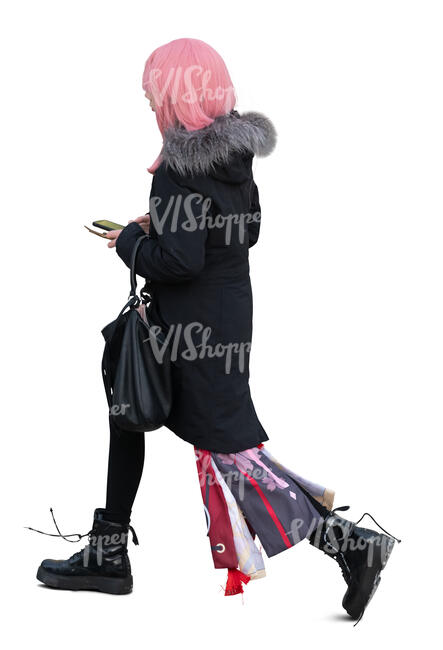 cut out pink haired woman walking