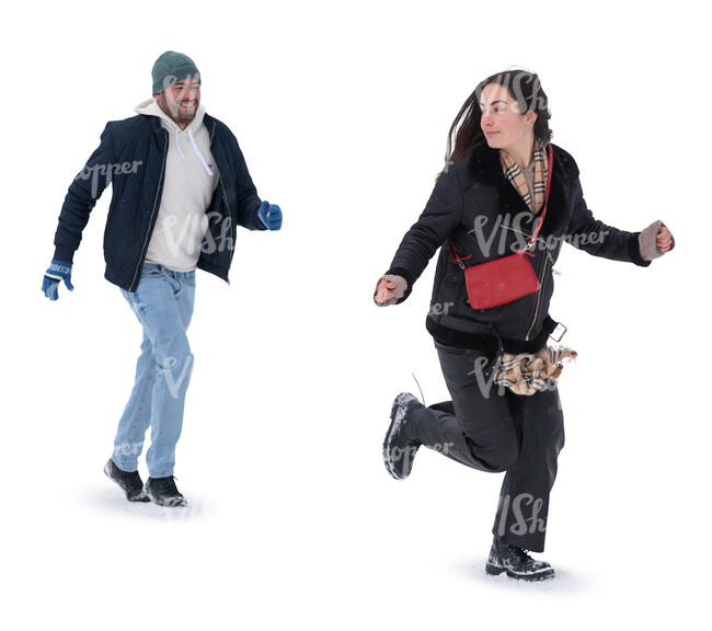 man and woman running in the snow