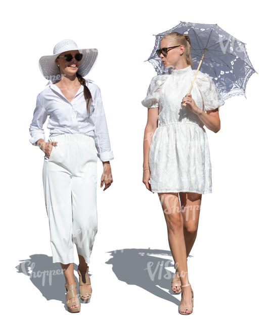 two women in white fancy outfits with hat and parasol walking in summer