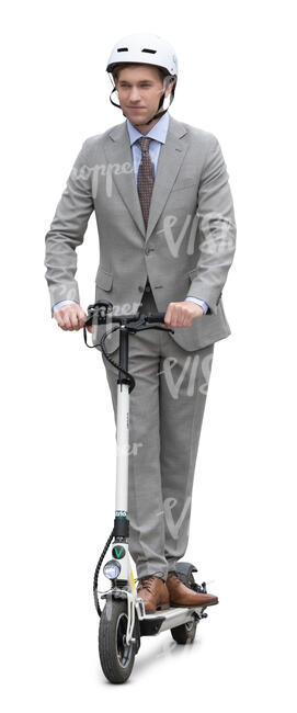 businessman in a grey suit and wearing a helmet riding a scooter