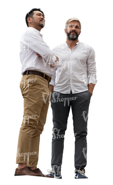 two cut out men standing on a balcony
