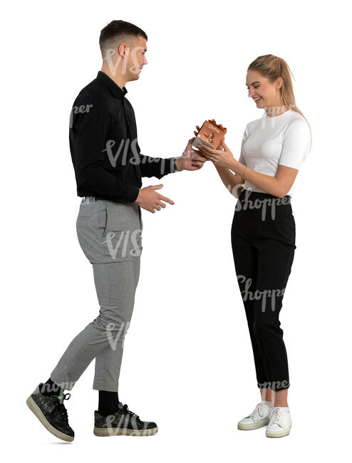 man giving a woman a present