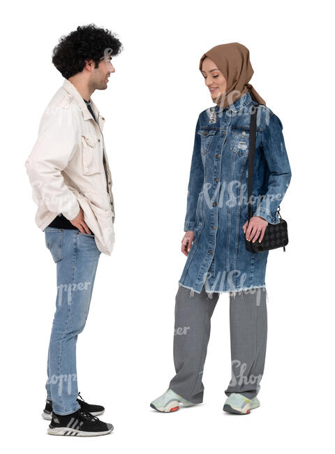 cut out young muslim man and woman standing and talking