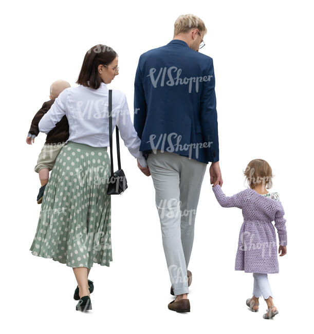 family with two small kids going to a party