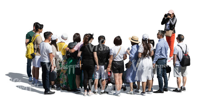 cut out woman taking a picture of a large group of people