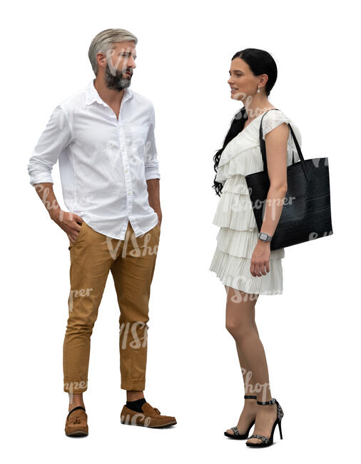 man and woman in white summer clothes standing and talking
