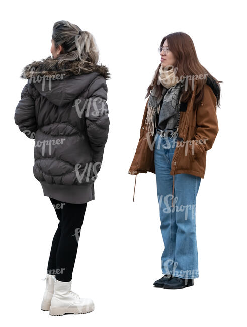 two women wearing winter jackets standing