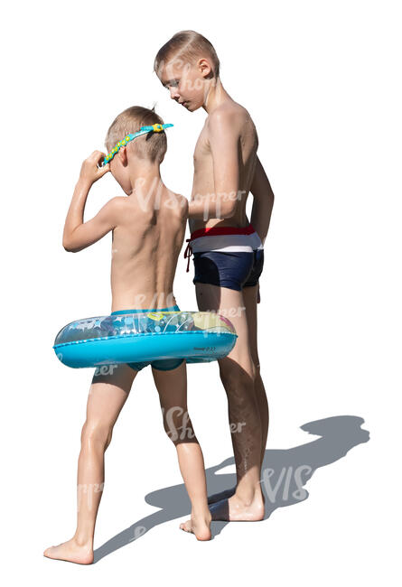 two boys preparing to go swimming